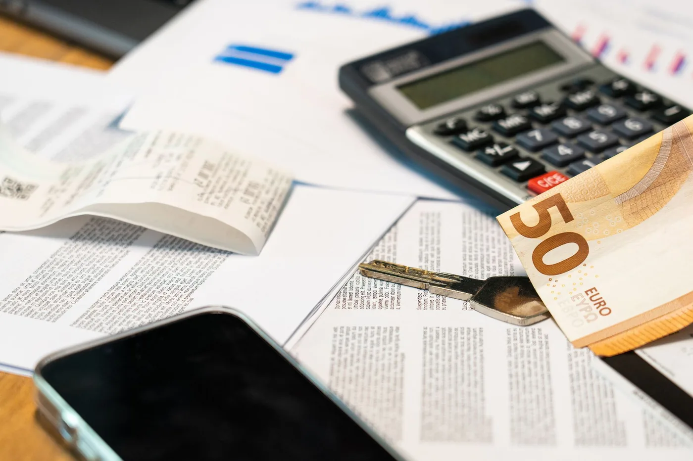 Kalkulačka s penězi a finančními dokumenty